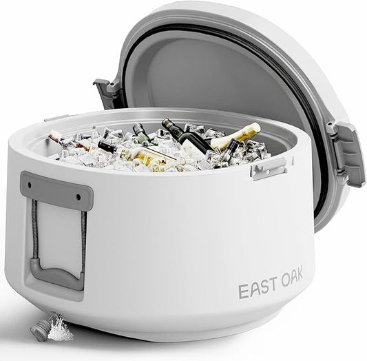 East Oak Hard Cooler 25 QT Round Ice Chest with Drain Plug Insulated Portable Outdoor Cooler for Camping Backyard Party High Capacity 28 Cans, Arctic White