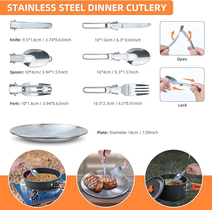 LIXADA 16pcs Camping Cookware Mess Kit, Non-Stick Lightweight Pot Pan Kettle Set with Stainless Steel Plates Forks Knives Spoons, Portable Camping Cooking Set for Outdoor Backpacking Hiking Picnic
