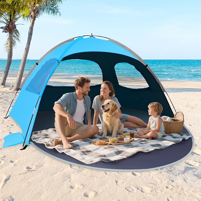 NXONE Beach Tent Sun Shade Shelter for 6 Person with UV Protection, Extended Floor, 3 Mesh Roll Up Windows & 8.5mm Fiberglass Rods丨Carry Bag Included (Dark Shelter-Ocean Blue)