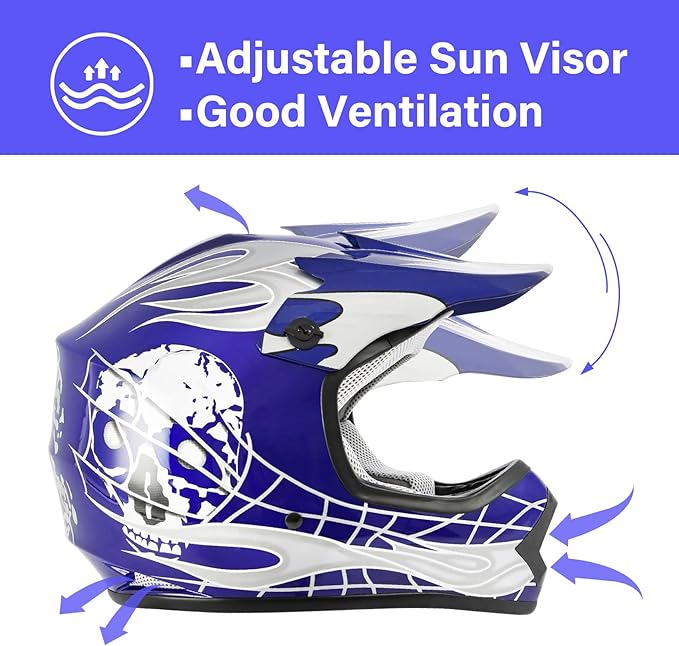 TCT-MOTORPARTS DOT Youth Kids Motocross ATV Helmets Offroad Street Dirt Bike Go-Kart BMX MX Full Face Helmet Blue Skull Large Size
