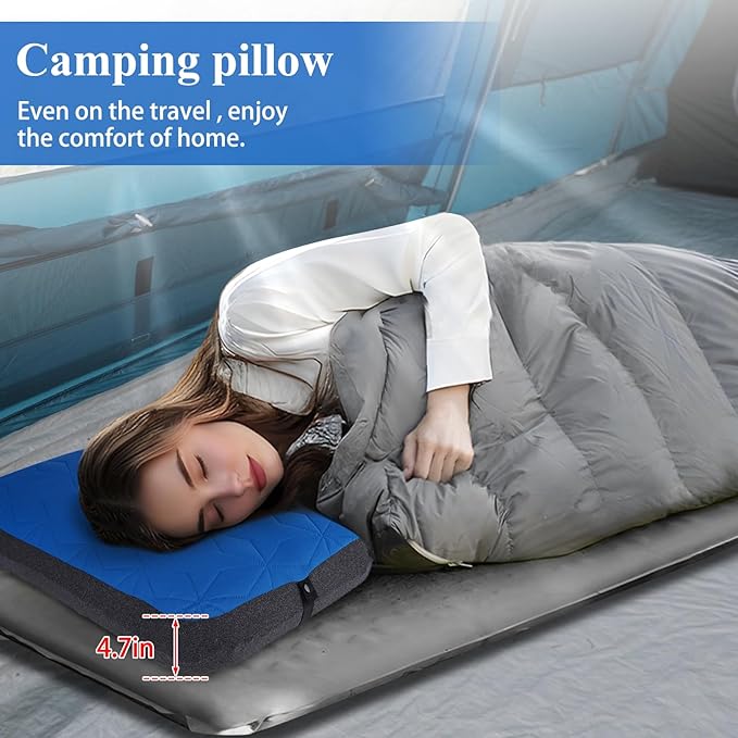Camping Pillow with Removable Cover Large Size 24" x 15" - Ultralight Inflatable Pillow for Camping Lightweight, Ergonomic and Washable for Camping, Hiking, and Travel Blue
