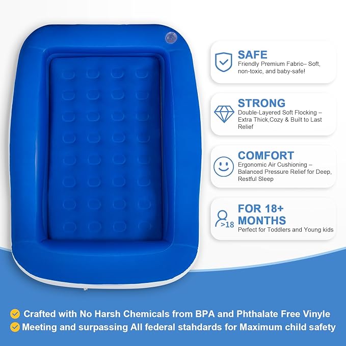 Inflatable Toddler Travel Bed – Portable Toddler Bed with Safety Bumpers, Toddler Floor Bed for Travel, Camping, Sleepovers – Kids Blow Up Bed with Pump & Carry Bag