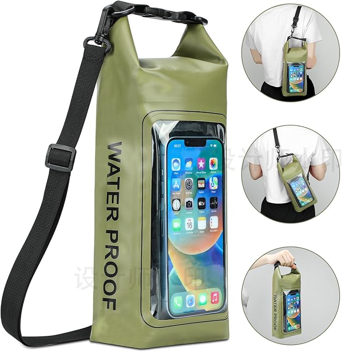 Waterproof Dry Bag, Beach Phone Bag 2L Roll Top Waterproof Backpack w/Phone Case/Pouch, Lightweight Dry Storage for Travel Swimming Boating Kayaking Camping Beach Fishing Rafting (Green)
