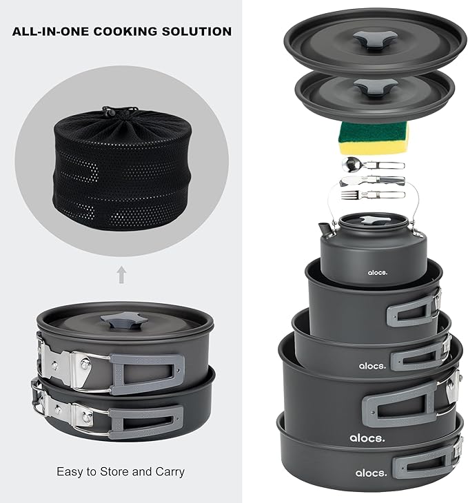 Alocs 17pcs Camping Cookware Camp Kitchen Set with Kettle, Aluminum Camping Cooking Set Backpacking Gear for Hiking,Traveling,Climbing and Picnic