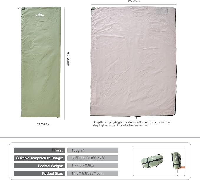 Ultralight Backpacking Sleeping Bag 1.77lbs, Warm Weather Sleeping Bag 50℉-63℉, Nylon Shell and Lining, Waterproof, Compact and Lightweight for Backpacking Camping Hiking