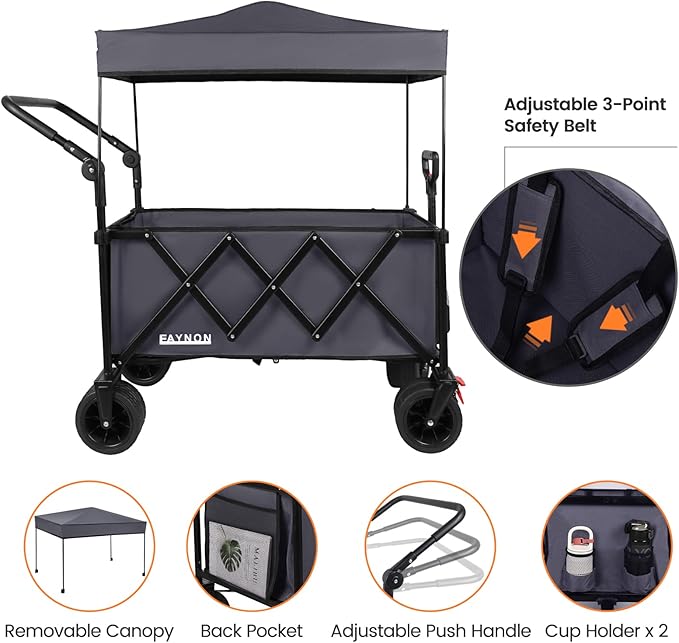 2 in 1 Collapsible Wagon with 300lbs Weight Capacity,150L Heavy Duty Utility Cart with Removable Canopy,with Big All-Terrain Beach Wheels & Drink Holders,Gray