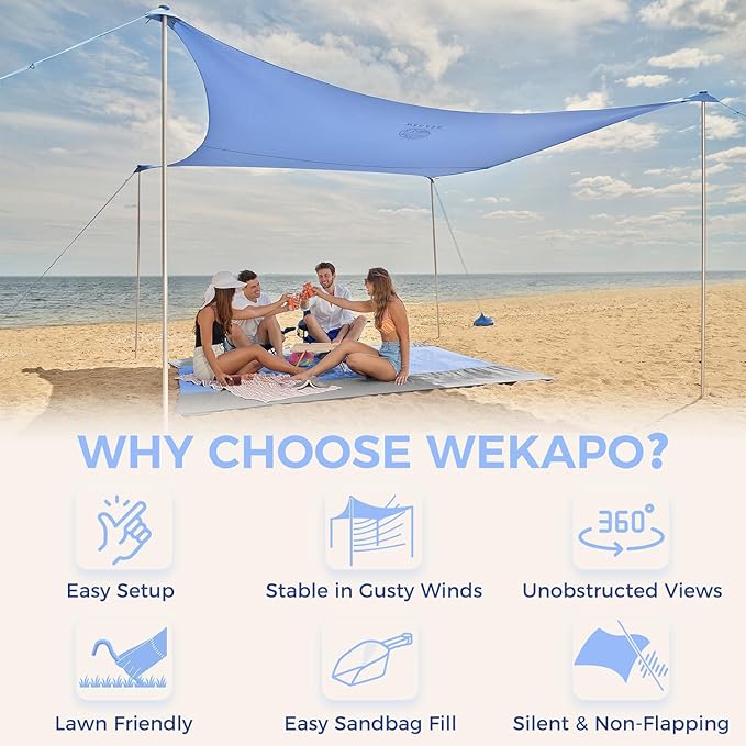 WEKAPO Beach Tent Sun Shelter - Easy Setup Beach Canopy with 4 Sturdy Poles, Large Sandbags and Shovel, 6'7'' Tall, Windproof Sun Shade for Backyard and Camping, UPF 50+ Protection