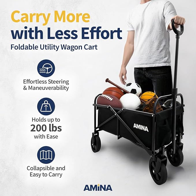 AMiNA Wagons Carts Foldable - Collapsible Wagon Lightweight, Water-Resistant Carts with Wheels, Folding Wagon 200 lbs Weight Capacity for Sports, Camping, Beach Cart, Utility Cart - Black