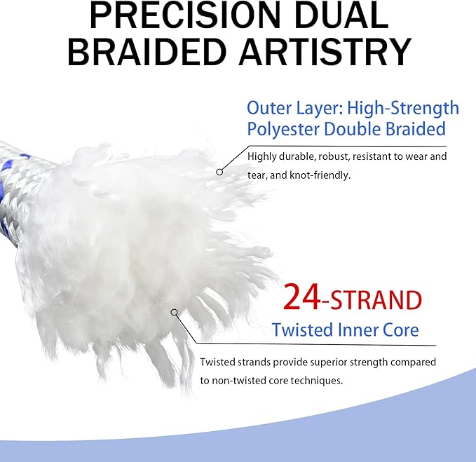 3/4 Inch x 200 Ft Double Braid Polyester Rope, 24 Strand Bull Rope Up to 20000Lbs Tensile Strength, Multipurpose Polyester Pulling Rope for Tree Work, Camping, Swings, Blue White