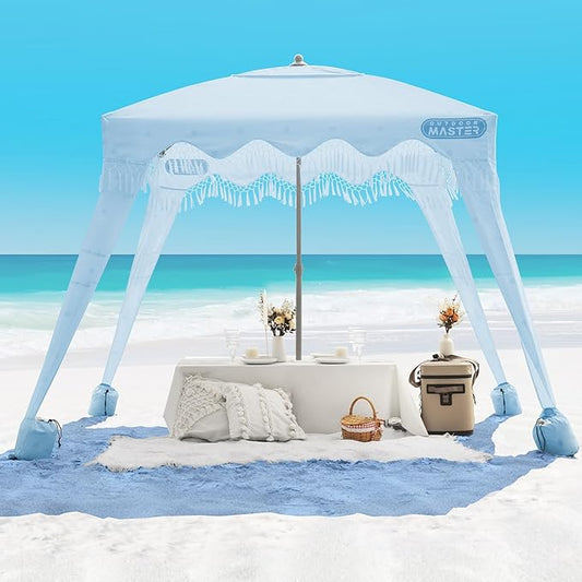 OutdoorMaster Beach Cabana with Fringes, Portable 6' x 6' Beach Canopy for Sand, Easy Set Up Sun Shelter, Included Side Wall, UPF 50+ UV Protection Sun Umbrella - for Family & Friends -Wave Point