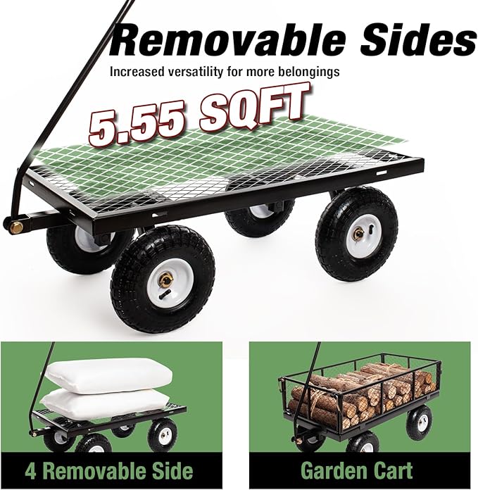 Heavy Duty Steel 900Lbs Wagon Garden Carts, Utility Pullable with Removable Folding Sides, All Terrain Wagons for Outdoor, Garden, Farm, Yard, 43" x 21"x 21" inch, Black