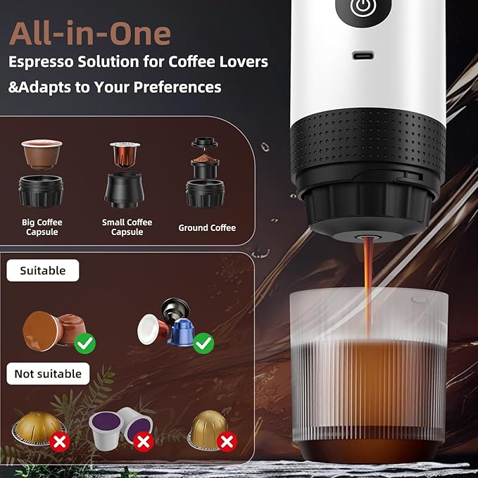 Portable Coffee Maker for Travel & Camping, Portable Espresso Maker for Travel, Rechargeable Cordless Battery Operated Coffee Makers for Ground Coffee, NS Capsule RV, Hiking, Office(White)