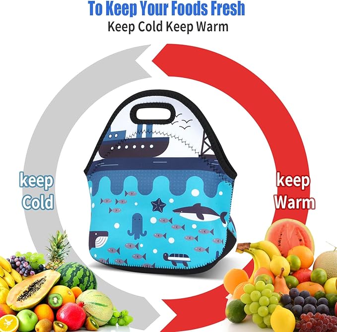 Violet Mist Cute Neoprene Lunch Bag, 11.42"L x 10.43"H x 5.51"W, Anmie Shark Cartoon Print, Lightweight, Eco-Friendly, Reusable, Thermal Insulated, Container for Outdoor Activities