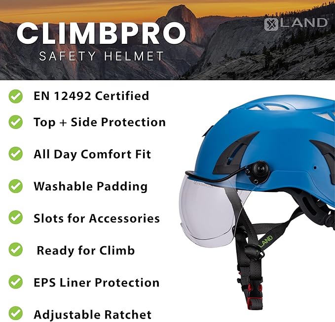 Land Helmets ClimbPro Helmet EN 12492 Vented for Rock Climbing – Durable, Lightweight Shell, Adjustable Chin Strap, Perfect for Outdoor Adventure with Universal Accessory Slots