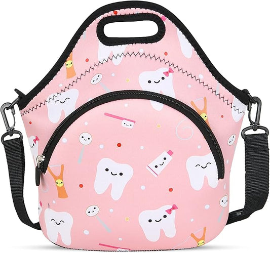 Violet Mist Neoprene Thermal Insulated Lunch Bag Tote for Women, Soft Large with Extra Pocket, Adjustable Shoulder Strap, Pink Teeth