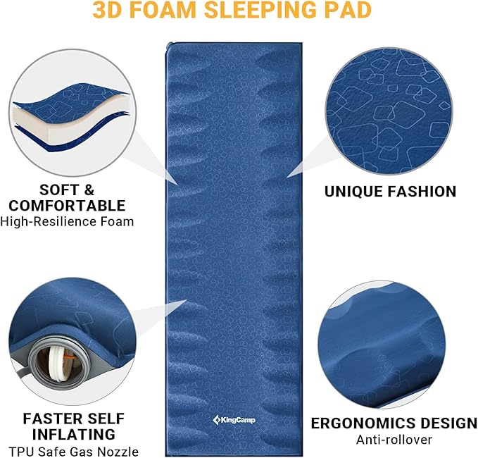 KingCamp Self Inflating Sleeping Pad for Camping with Built-in Pillow, Ultralight Sleeping Pad Camping Mat Durable for Camping Backpacking Hiking Single Double, 4 Size