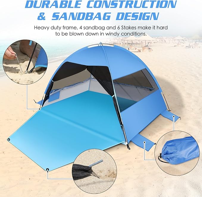 Large Easy Setup Beach Tent,Anti-UV Beach Shade Beach Canopy Tent Sun Shade with Extended Floor & 3 Mesh Roll Up Windows Fits 3-4 Person,Portable Shade Tent for Outdoor Camping Fishing (Blue)