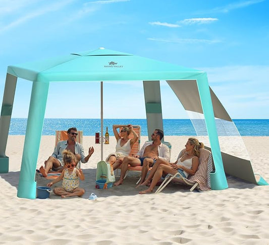 Rhino Valley Beach Cabana, 8 × 8FT Foldable Beach Tent with Cup Holder, Beach Canopy Easy Setup with UPF50+ Protection, Windproof Stable Beach Tent, Portable Beach Cabana Tent for Beach Camping