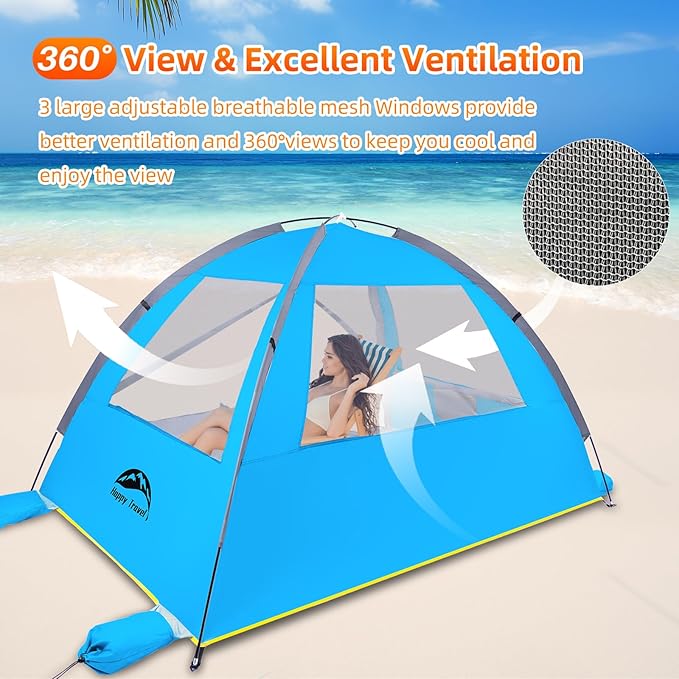 Happy Travel Beach Tent, UPF 50+ UV Protection Sun Shade Shelter for 3/4/5/6/7/8 Person, Portable Beach Canopy for Family & Baby, Lightweight & Easy Setup Beach Cabana with 3 Ventilation Mesh Windows