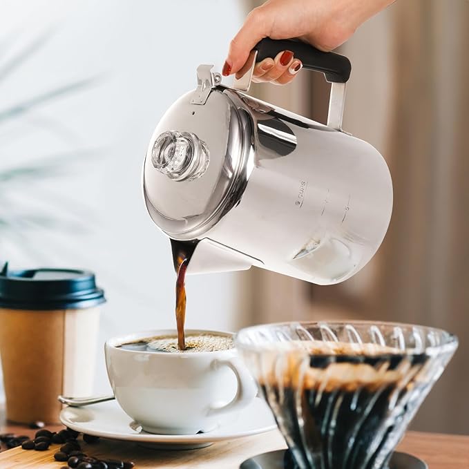 Camping Coffee Pot Stainless Steel, Coffee Pot Outdoors, Durable Stove Top Brew Coffee Maker on Fire, Ideal for Group Camping, Hiking, Backpacking, RV and Travel, 9 Cups