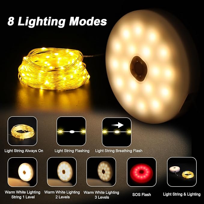 Camping String Light 4 in 1 Quick Storage 42ft Solar /USB Rechargeable 3600mAh Waterproof Hanging Outdoor Camping Lantern with 8 Lighting Modes, Portable Tent Lights for Hiking, Yard, RV (Warm Light)