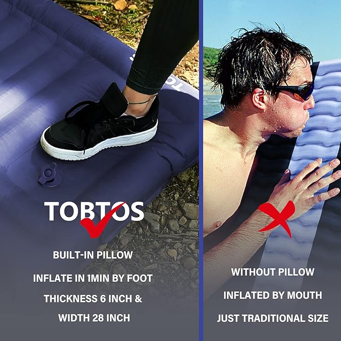 TOBTOS Inflatable Camping Sleeping Pad with Pillow, Thick 6 Inch Ultralight Sleeping Pad with Built-in Pump, Lightweight Sleeping Mat for Camping, Backpacking, Hiking, Tent (Blue)
