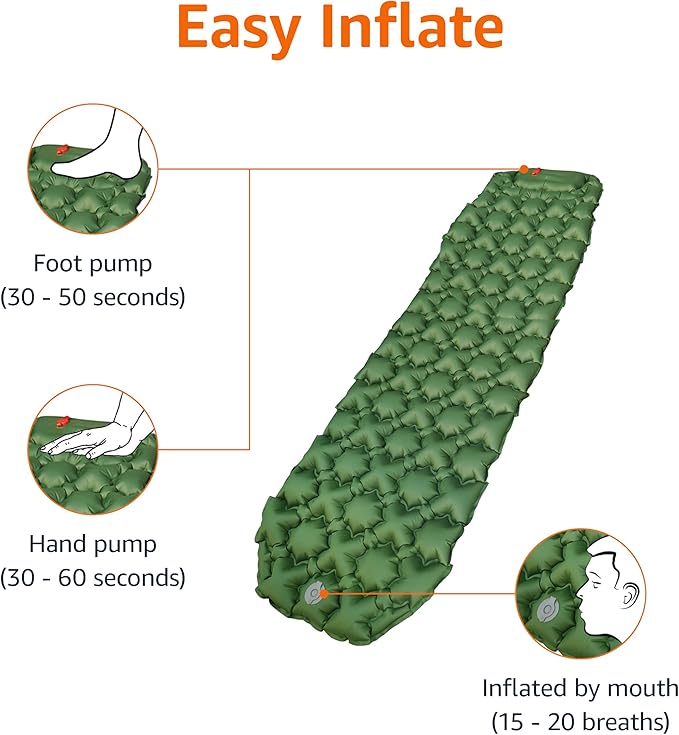 Amazon Basics Camping Sleeping Pad with Quick-Inflate Foot Pump, Water Resistant, Ultralight, Olive Green