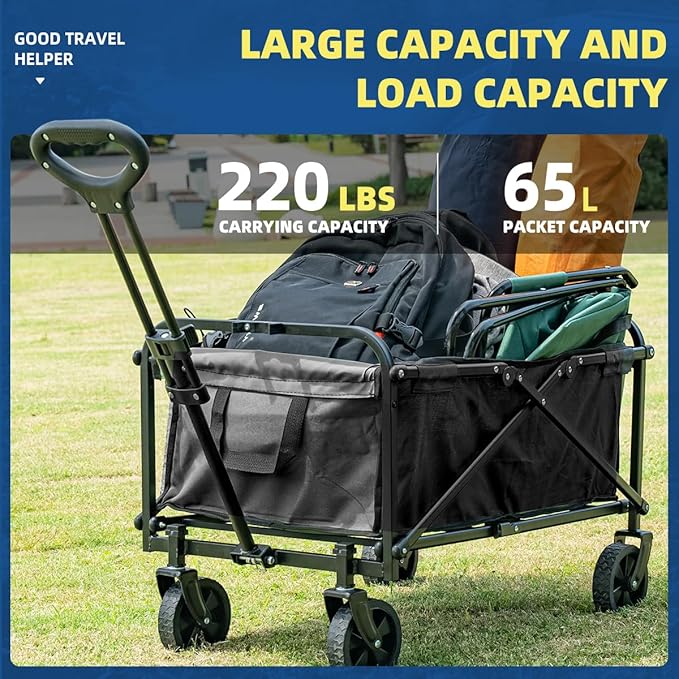Collapsible Wagon Cart Heavy Duty Foldable, Large Capacity Foldable Grocery Beach Wagon for Camping Sports Shopping, Black