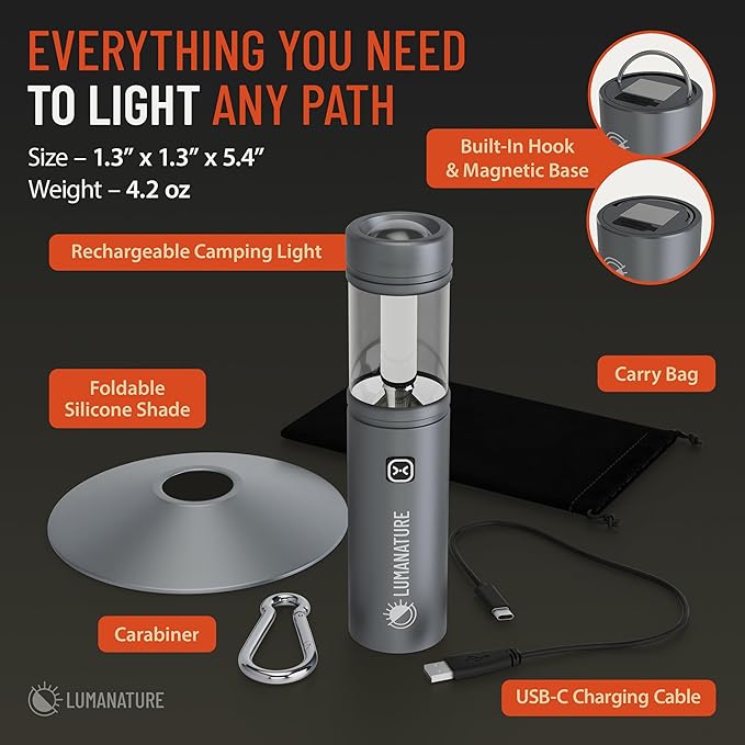 Rechargeable Camping Lantern – LED Outdoor Light with Flashlight & Lantern Modes, Magnetic Base & Hanging Hooks – Waterproof Emergency Light for Camping Backpacking Hiking & Power Outages - Silver