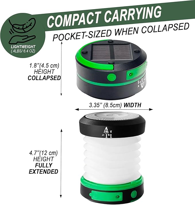 Solar Camping Lantern - LED Lanterns for Power Outages, Camping Lights, Emergency Flashlight - Collapsible Lamp, Rechargeable W/ Solar or Plug
