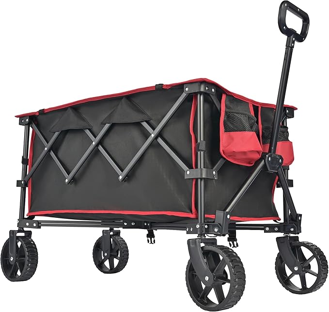 SunnyFeel Heavy Duty Collapsible Outdoor Utility Wagon Cart 300LB Capacity Adjustable Handlebar,Foldable Beach Wheels Stable Durable Oxford Fabric for Shopping Garden Camping (Black & Red)