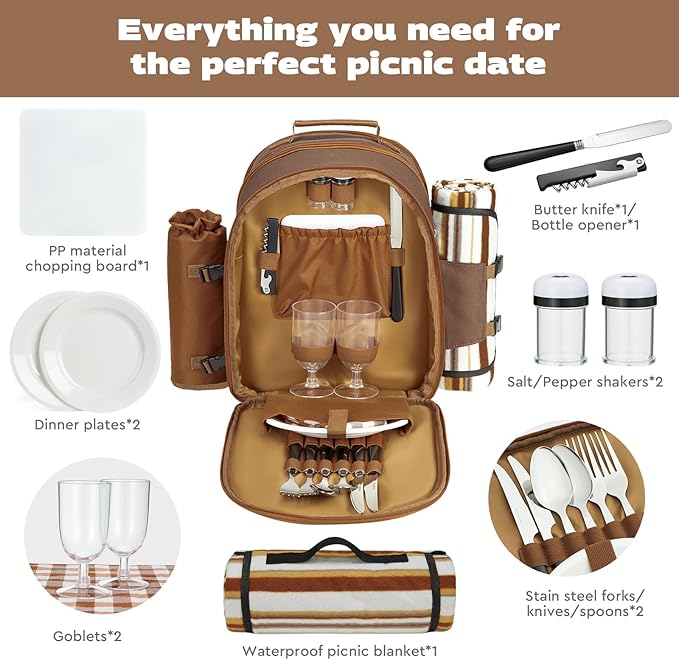 22L Insulated Picnic Basket Leak Proof Picnic Backpack for 2, Brown Camping Gifts, Cool Bridal Shower Gifts for Bride and Groom, Mr and Mrs, Anniversary Engagement Wedding for Newly Engaged Couples