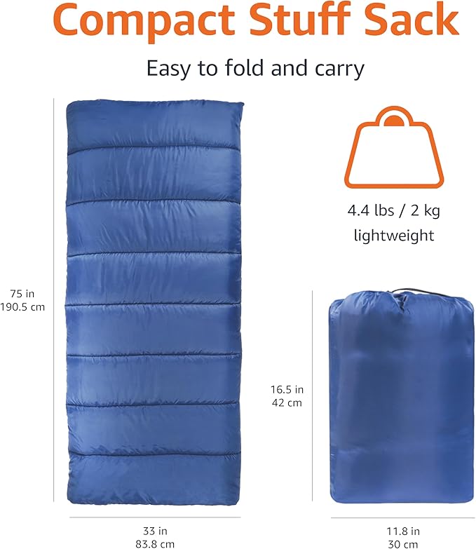 Amazon Basics Warm, Lightweight Cold Weather Sleeping Bag, Twin, Blue