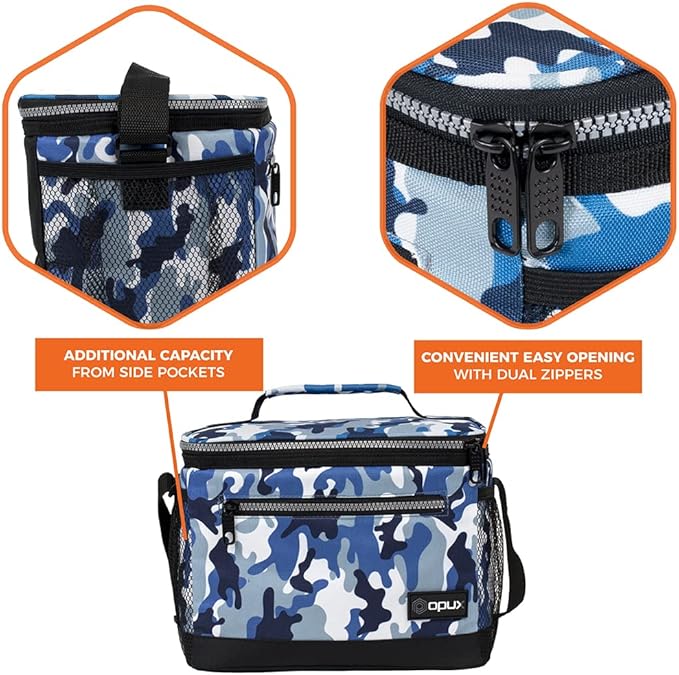 opux Insulated Lunch Box Men Women, Lunch Bag for Work School, Leakproof Soft Cooler Tote Adult, Large Lunch Pail Kids Boys Girls, Picnic Beach Food Bag with Shoulder Strap, Camo Blue