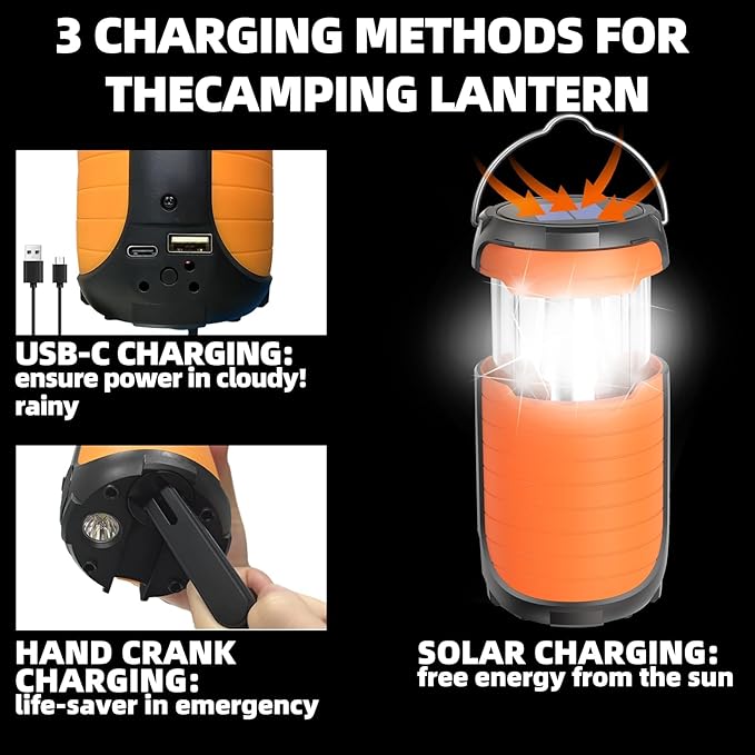 LED Camping Light 5000ma Solar Powered/ Hand Crank/ USB-C Rechargeable Camping Lights, Rechargeable Flashlight Portable Survival Light Waterproof for Emergency Home Power outages Failure