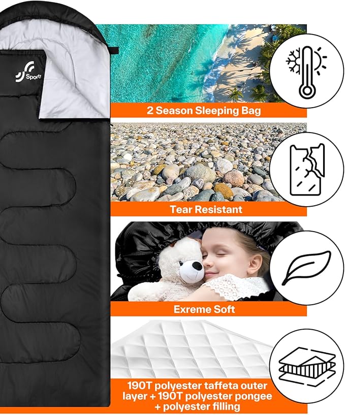 Sportneer Sleeping Bag, 3 Seasons Warm Cold Weather Sleeping Bags for Adults Kids Boys Girls with Compression Sack- Lightweight Camping Essentials Gear Accessories, Backpacking, Hiking