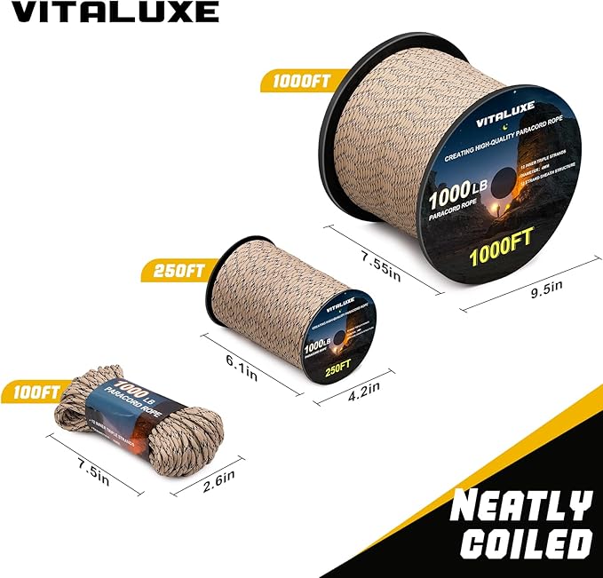 1000lb Paracord Rope, 4mm 12 Triple Strands Paracord, Heavy Duty Tactical Parachute Cord for Survival Gear, Camping, Hiking, and Ideal for Bracelets, Lanyards, Type III