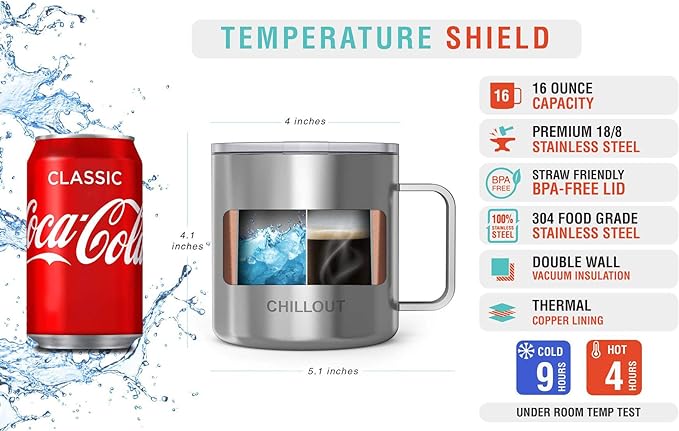 CHILLOUT LIFE Stainless Steel 16 oz Vacuum Insulated Coffee Mug with Handle and Lid, Large Thermal Camping Coffee Mug Cup with Durable Sliding Lid for Men & Women, Keeps your Beverages Hot & Cold