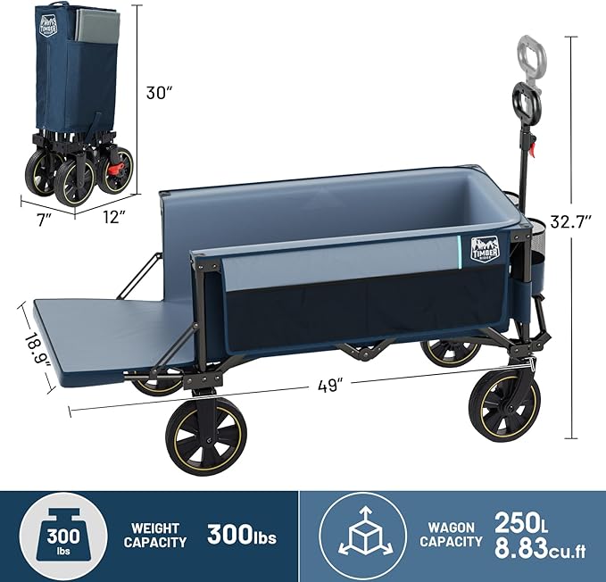 TIMBER RIDGE 49" Extra Long Collapsible Folding Wagon with Tailgate and Brakes, 300lbs Heavy Duty Foldable Wagon with Adjustable Handle, 250L Capacity Portable Cart for Outdoor Camping Sports, Blue