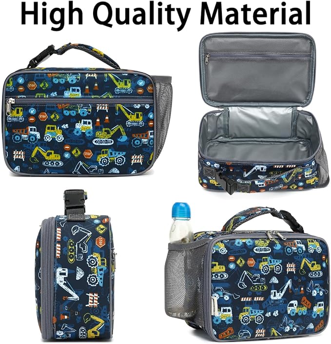 Insulated Lunch Box for School, Thermal Reusable Durable Freezable Lunch Bags for Kids Boys Girls Men Women - Small Soft Cooler Portable Lunch Tote Kit for Work Picnic Travel,Excavator