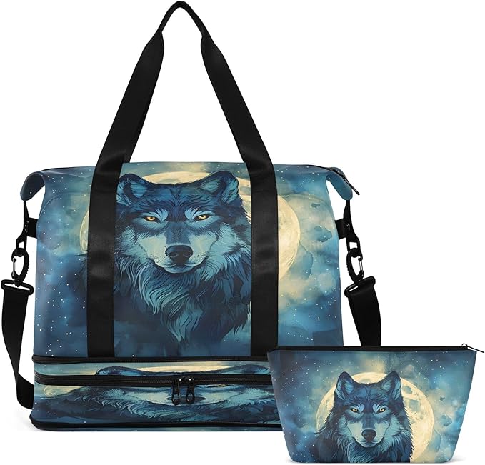 Wolf Moon Night Travel Duffel Bag Waterproof Gym Sport Tote Bag Carry On Weekender Bag with Compartment