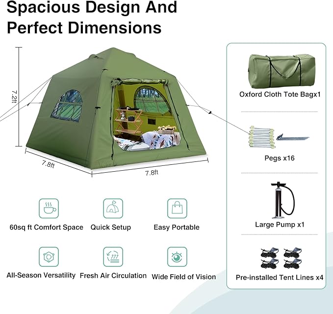2025 Upgraded 100% Waterproof Inflatable Camping Tent, Large Blow-Up Air Tent, No Assembly Needed Luxury Glamping House, Oxford Fabric
