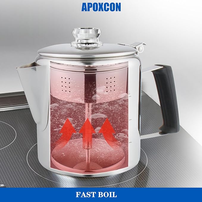 Multi Use Percolator Coffee Pot Stainless Steel Stove Top Coffee Maker with Two Tough Borosilicate Glass Knob Silica Handle Camping Coffee Pot Using on Campfire Stove & Induction Cooker Silver 6 Cup