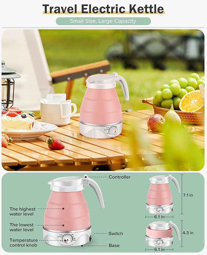 Portable Electric Travel Kettle, 600ml Collapsible Silicone Kettle with Temperature Adjustment Function for Camping, Hotels and Travel