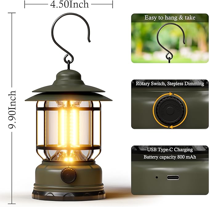 3 Pack LED Camping Lanterns Battery Powered Rechargeable Lantern with Stepless Dimming Vintage Portable Camping Lights & Lanterns for Emergency Fishing Camping Hiking Power Outage Tabletop