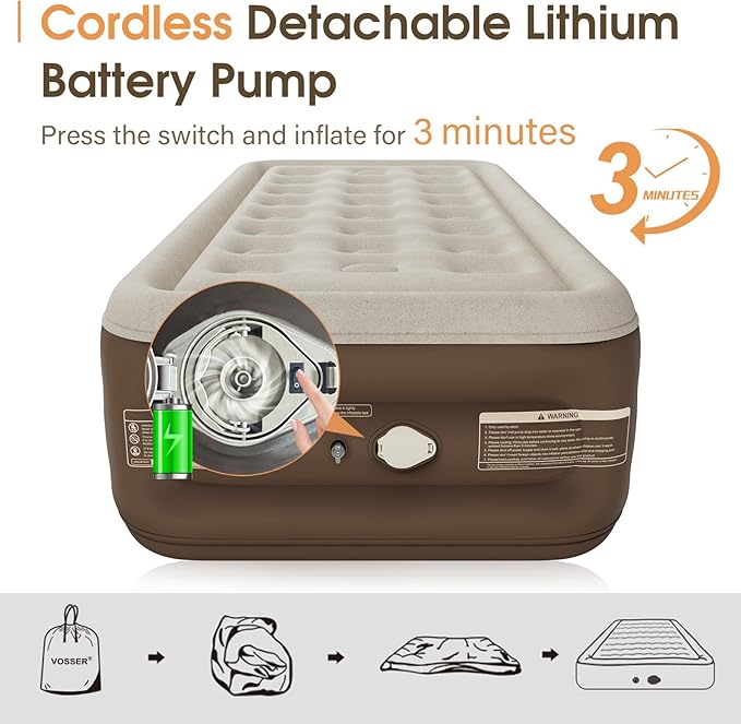 Twin Size Airbed with Detachable Rechargeable Pump - for Camping & Home Use, Portable Design, Supports up to 330 lbs MAX