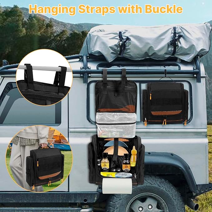 ORKELS Camping Organizer Hanging Tactical Camping Cookware Bag – Utensil Organizer with Towel Holder & Multiple Pockets for RV, Tent, Camper, Grilling