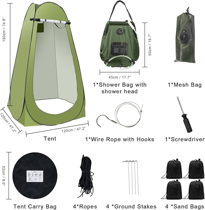 Portable Camping Privacy Tent, Outdoor Shower Tent Kit with 5 Gallon Shower Bag-(Nozzle Upgraded)