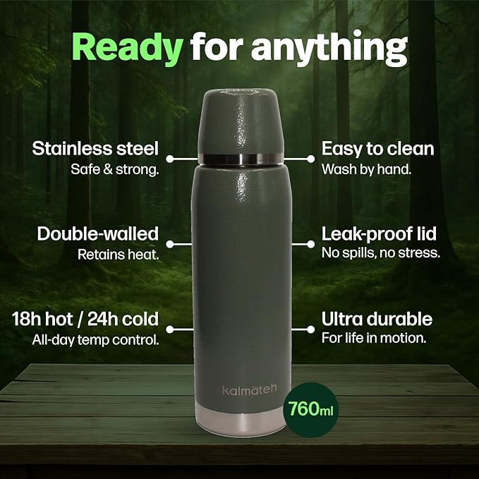 KALMATEH Thermal Double Walled Vacuum Insulated Stainless Steel Beverage Bottle 760ml, Precise Pouring & Heat Retention For Coffee, Tea, Yerba Mate and Camping