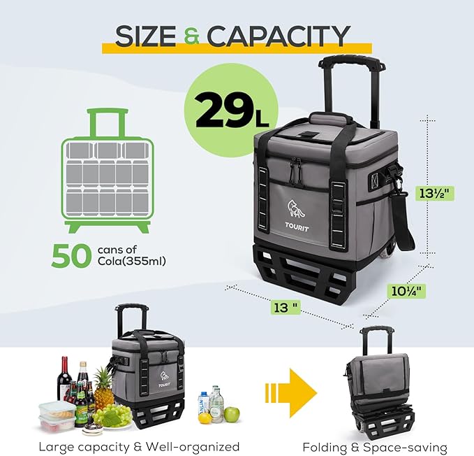 TOURIT Portable 50-Can Collapsible Rolling Soft Cooler with 29L Space & Reinforced All-Terrain Cart with Wheels Easy Transportation, Large Leakproof Travel Beach Ice Chest for Grocery Shopping